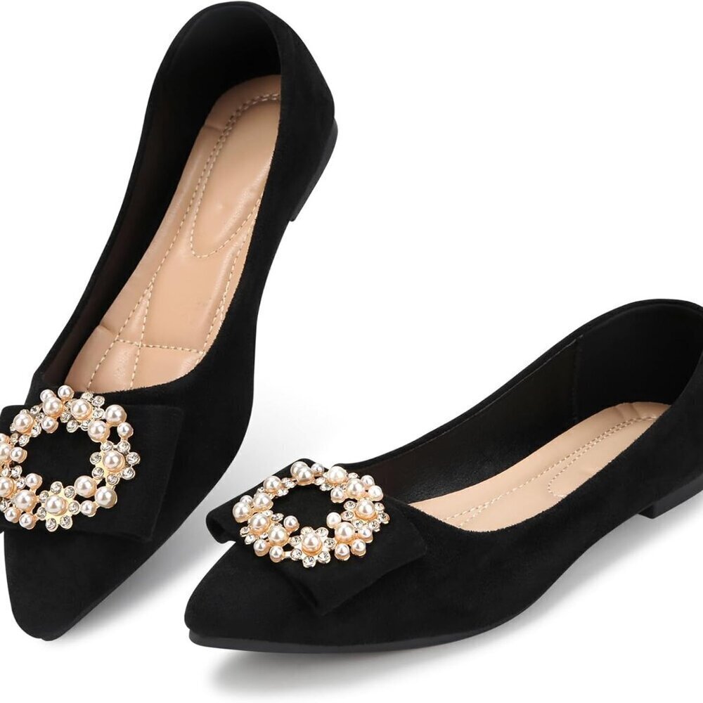 Women’s Faux Suede Ballet Flats Pearl Clip Pointed Toe Slip On for Dressy